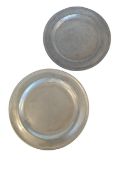 TWO LARGE ENGLISH 18TH CENTURY METAL LARGE PEWTER CHARGERS