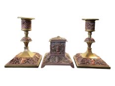 20TH CENTURY ARTS AND CRAFTS BRASS AND COPPER CANDLESTICK HOLDERS WITH INKWELL