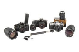COLLECTION OF THREE LATE 20TH CENTURY VINTAGE SLR FILM CAMERAS AND LENSES
