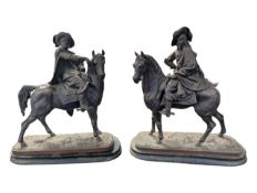 TWO EARLY 20TH CENTURY BRONZED SPELTER SCULPTURES OF CAVALIER FIGURES ON HORSEBACK