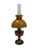 MID CENTURY AMBER GLASS & METAL OIL LAMP