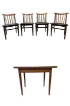ELLIOTS OF NEWBURY - MID 20TH CENTURY TEAK DRAW LEAF TABLE W/ FOUR DINING CHAIRS
