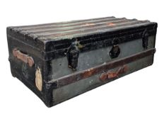 LARGE EARLY 20TH CENTURY BLACK STEAMER TRUNK TRAVEL CHEST
