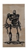 THE IRON GIANT- SIGNED PAINTING ON WOOD BY RICHARD BAZLEY