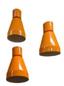 MATCHING SET OF THREE LARGE INDUSTRIAL ORANGE PENDANT CEILING LIGHTS