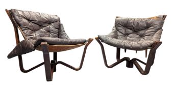 JIM MYRSTAD X BRUNSTAD - VIKING - PAIR OF SCANDINAVIAN 1970S LEATHER & BENTWOOD LOUNGE CHAIRS