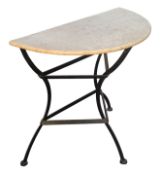 CONTEMPORARY POLISHED STONE TOP & WROUGHT IRON DEMI-LUNE CONSERVATORY TABLE