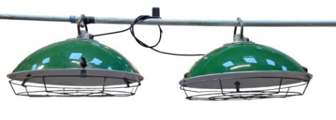 LARGE PAIR OF VINTAGE INDUSTRIAL GREEN ENAMEL CEILING LIGHTS
