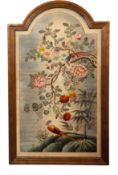 LARGE INTERIOR WALL HANGING ART PANEL OF FLORAL SPRAYS & EXOTIC BIRDS