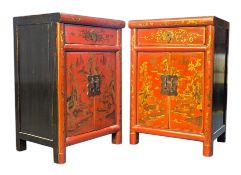 PAIR OF CHINESE RED & BLACK LACQUERED CHINOISERIE BEDSIDE CHESTS