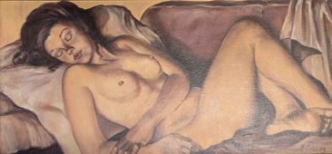 P. COLLIER (20TH CENTURY) - OIL ON BOARD NUDE PORTRAIT PAINTING
