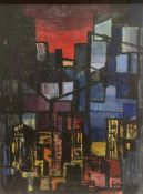 LATE 20TH CENTURY ABSTRACT OIL ON CANVAS CITYSCAPE PAINTING