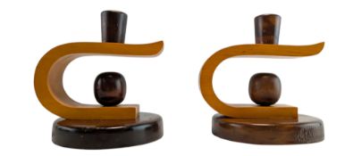 PAIR OF ART DECO OAK AND SATINWOOD CANDLESTICKS