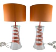 PAIR OF CONTEMPORARY DESIGN GLASS SPIRAL DESK LAMPS IN ORANGE