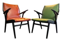 PAIR OF MID CENTURY EBONISED TWO-TONE ARMCHAIRS