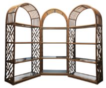 SET OF THREE RETRO BAMBOO BOOKCASES /DISPLAY SHELVES WITH GLASS SHELVES