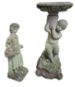 RECONSTITUTED STONE CHRUB BIRD BATH AND YOUNG GRAPE GIRL