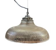 RETRO 20TH CENTURY HOLOPHANE GLASS & CHROME INDUSTRIAL CEILING LIGHT