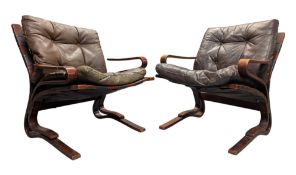 ODDVIN RYKKEN - PAIR OF SCANDINAVIAN MID CENTURY 1960S BENTWOOD & LEATHER CHAIRS