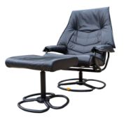 RETRO LATE 20TH CENTURY BLACK LEATHER & METAL SCHREIBER STYLE OFFICE SWIVEL CHAIR & STOOL