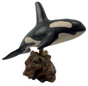 HAZEL OLSEN, AMERICAN - RETRO 20TH CENTURY 1989 CERAMIC FIGURE OF ORCA ON STAND