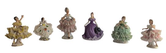 COLLECTION OF FIVE MID CENTURY EUROPEAN LACE PORCELAIN BALLERINA FIGURINES