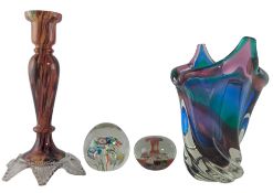 COLLECTION OF FOUR GLASS PIECES INCLUDING VASES & PAPERWEIGHTS