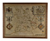 JOHN SPEEDE - HAN DCOLOURED ENGRAVED MAP OF BREKNOKE BOTH SHYRE & TOWNE, ANNO DOMINI 1610