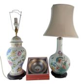 TWO VINTAGE PORCELAIN LAMP BASES PAINTED WITH FLOWERS