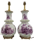 AUGUSTUS REX - PAIR OF GERMAN DRESDEN CIRCA 1880 HAND PAINTED PORCELAIN TABLE LAMPS