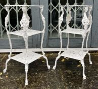 PAIR OF VICTORIAN STYLE WHITE PAINTED ALUMINIUM THREE-TIER GARDEN PLANTERS