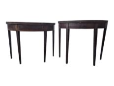 TWO GEORGE III MAHOGANY INLAID DEMI LUNE CARD / CONSOLE TABLES