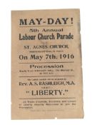 1916 MAY DAY 5TH ANNUAL LABOUR CHURCH PARADE POSTER FLYER