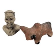 VINTAGE CARVED STONE CLAY BUST & BULL