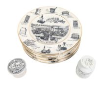 BOOTS - TWO LATE 19TH CENTURY CERAMIC POTS AND SIX 20TH CENTURY PLATES