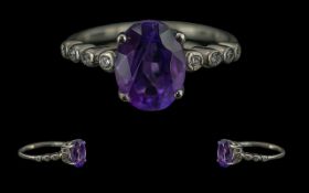 9ct Gold Amethyst & Diamond Ring, weight