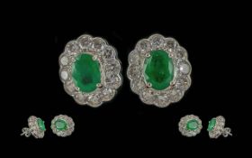 Ladies Fine Pair of 18ct White Gold Emerald and Diamond Set Cluster Earrings, marked 18ct - 750, the