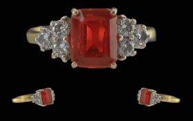 Ladies 18ct Gold Fire Opal and Diamond Set Ring - Full Hallmark To Interior Of Shank. The Central