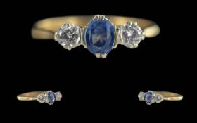 Ladies Petite and Attractive 9ct Gold Three Stone Sapphire and Diamond Set Dress Ring, full hallmark