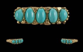 Ladies Antique Period 9ct Gold 5 Stone Turquoise Set Ring, Raised Open Worked Setting, Full Hallmark
