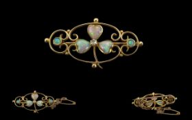 Antique Period Ladies 15ct Gold Opal and Diamond Set Brooch with Safety Chain, Marked 15ct - 625,