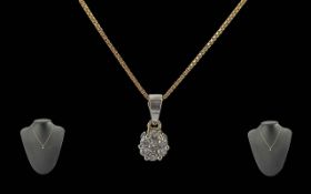 Ladies Attractive Quality 18ct White Gold Diamond Set Cluster Pendant with Attached 18ct Gold Chain.