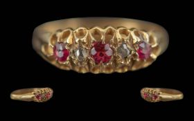 Antique Period Ladies 18ct Gold Ruby and Diamond Set Ring, Raised Open worked Setting. Full Hallmark