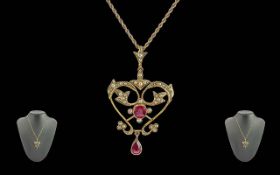 Victorian Period 1837 - 1901 Ladies 9ct Gold Ruby and Seed Pearl Set Open Worked Pendant, Attached