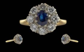 Ladies Pleasing Quality 18ct Gold & Platinum Diamond & Sapphire Cluster Ring. Marked 18ct and