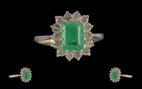 Ladies Pleasing Quality 18ct White Gold Emerald and Diamond Set Cluster Ring,