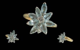 Ladies Attractive 18ct Gold Diamond and Aquamarine Set Ring, full hallmark to interior of shank, the