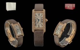 Cartier Americaine Tank Ladies 18ct Gold and Diamond Set Wrist Watch, features Cartier diamond set
