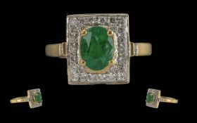 Ladies 18ct Gold Pleasing Diamond and Emerald Set Cluster Ring of rectangular form, the centre