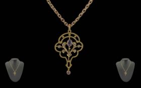Antique Period - Ladies 9ct Gold Open Worked Amethyst and Seed Pearl Pendant Attached to a Fine